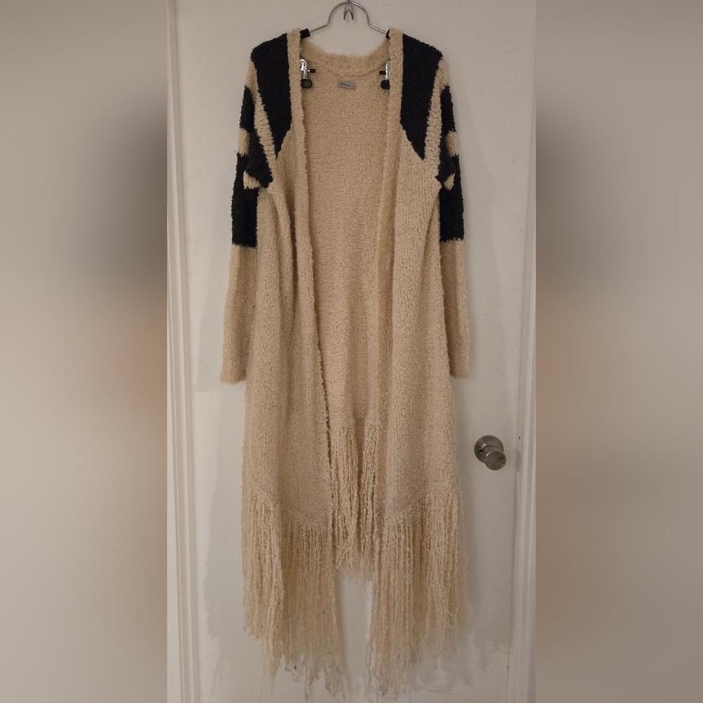 SUSS Whitney Longline Open Front Wool Blend Fringed Duster Cardigan